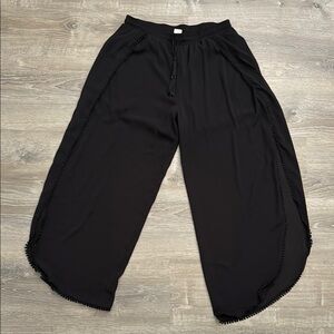 Black Wide-Leg Pants with Pom-Pom Trim